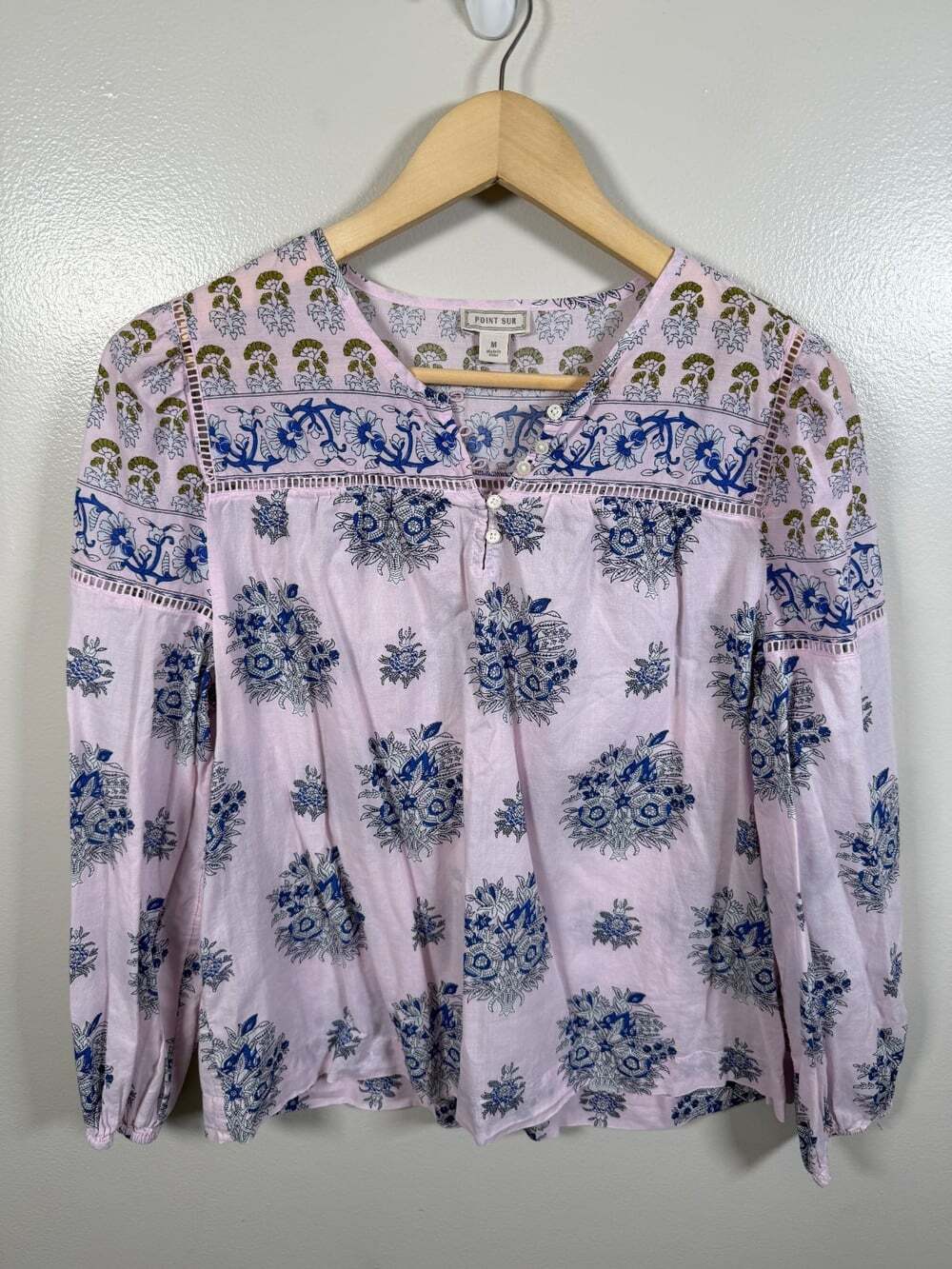 Point Sur J Crew Popover Peasant Top Medium Pink Blue Floral Blouse Prairie